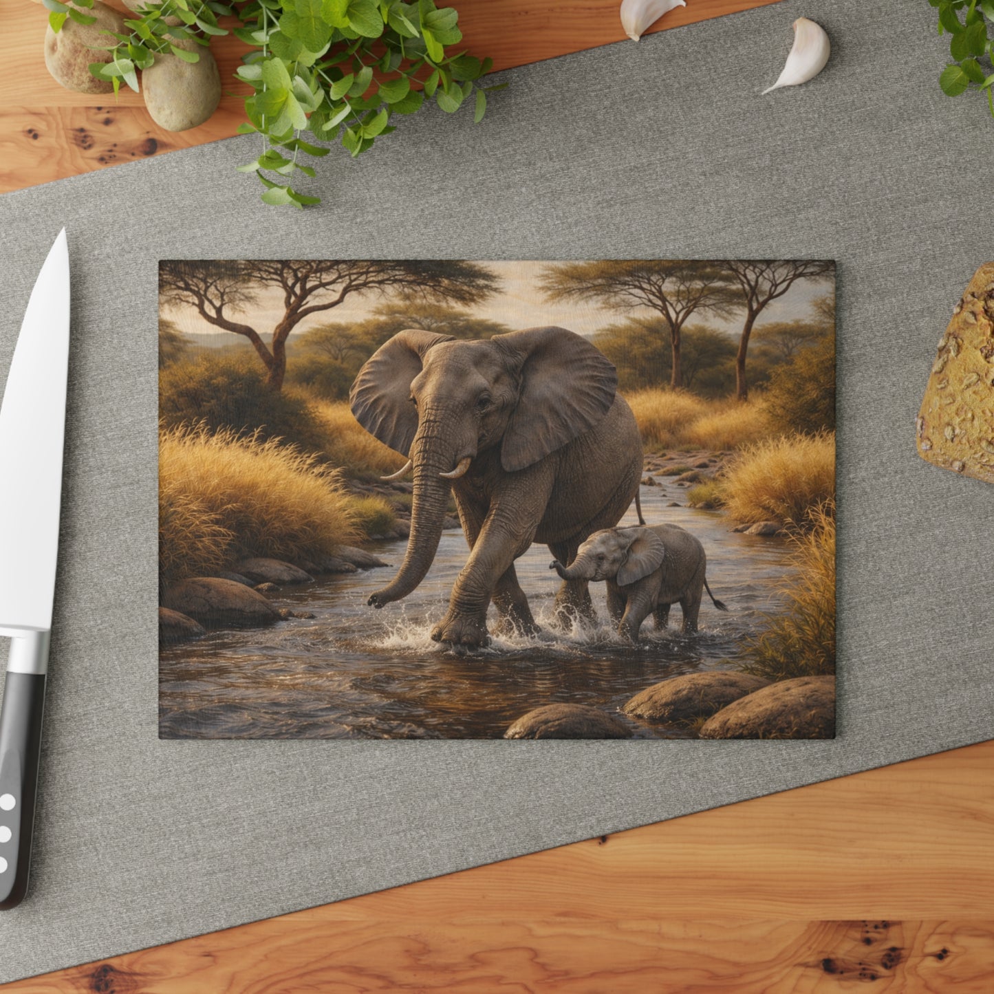 Elephant and Calf River Crossing Glass Cutting Board – Peaceful Wildlife Nature Kitchen Art