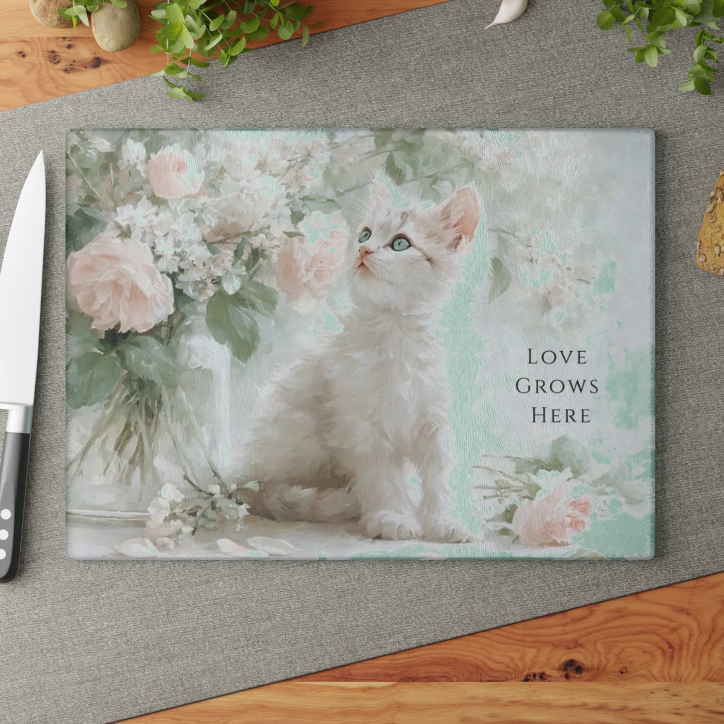 🐱🌸 “Love Grows Here” Glass Cutting Board – Soft Cottage Floral Charm