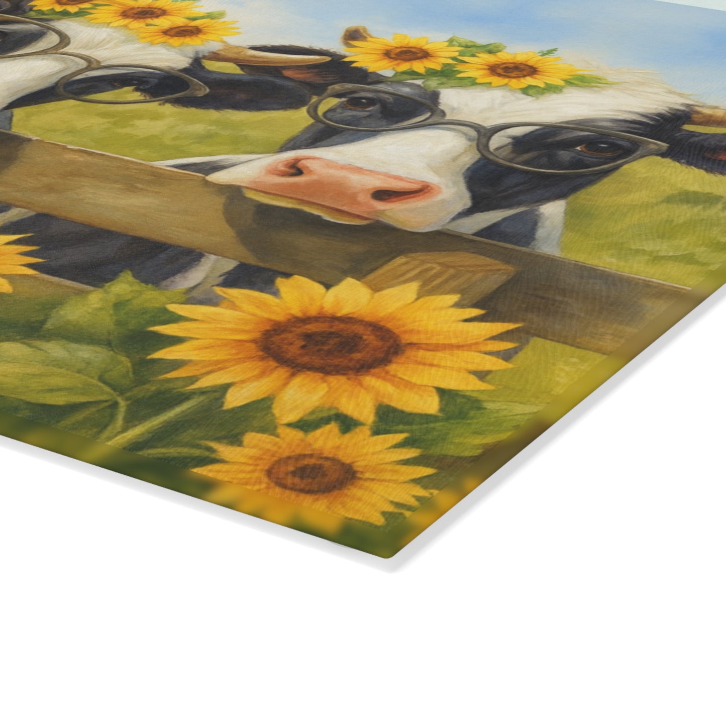 🐮🌻 “Sunflower Cow Trio” Glass Cutting Board – Bright Farmhouse Smiles