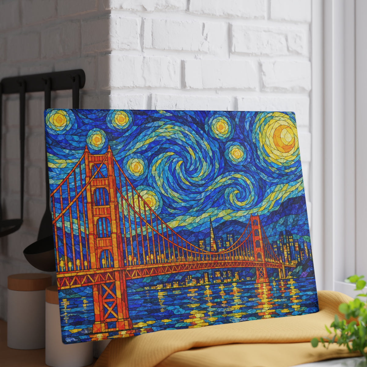 Golden Gate Bridge Starry Night Stained-Glass-Inspired Glass Cutting Board – San Francisco Decor