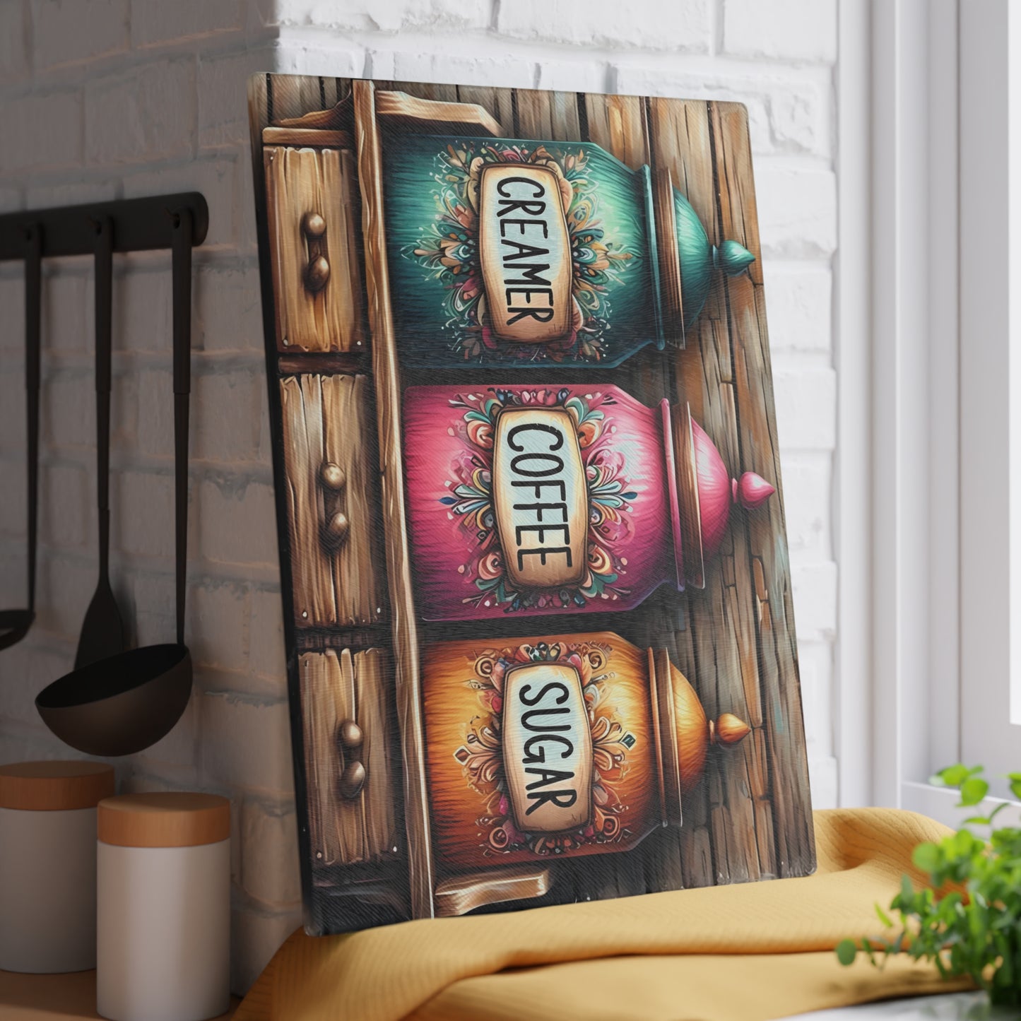 Farmhouse Canister Glass Cutting Board – Coffee, Sugar & Creamer Display