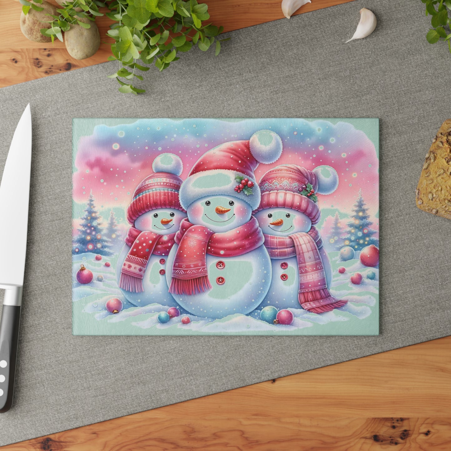 ⛄️🎀 “Pink Scarf Snowman Trio” Glass Cutting Board – Cozy Charm for Your Kitchen