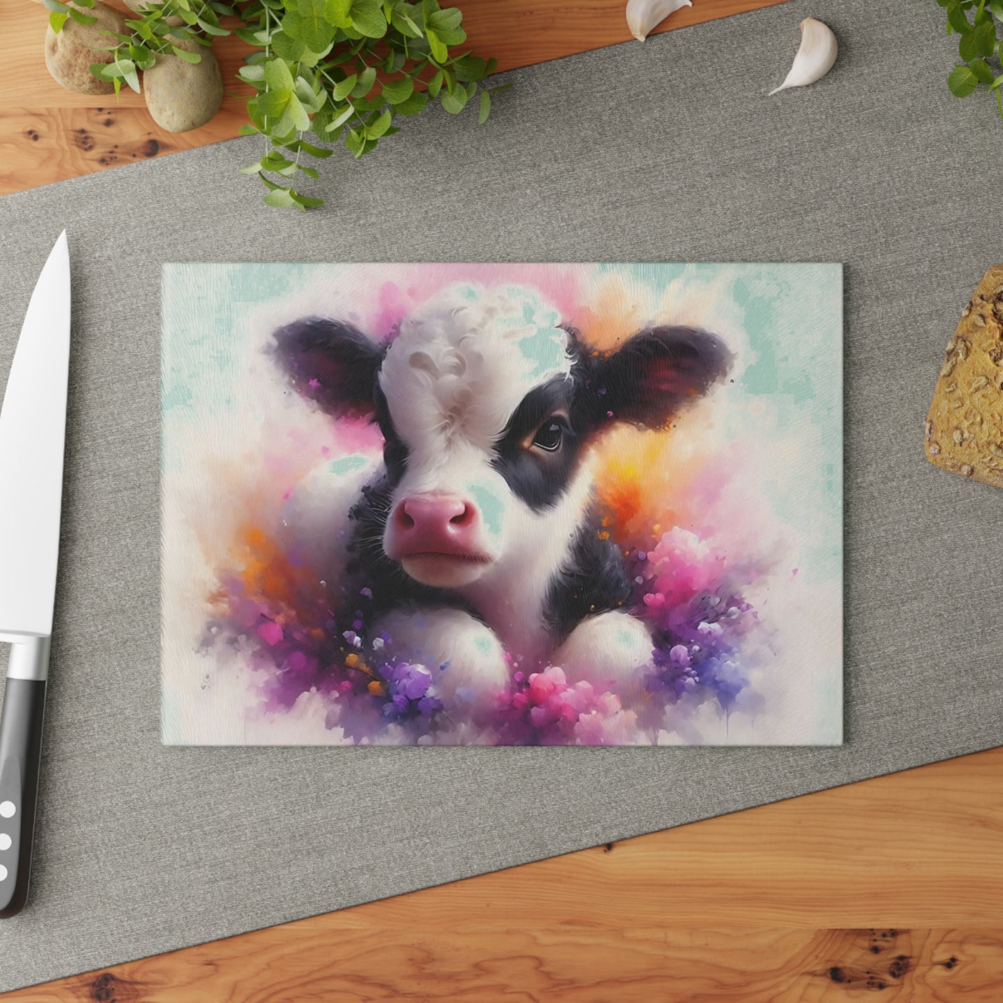 🐮 Baby Cow Floral Splash Cutting Board – Sweet Farmhouse Charm for Your Kitchen