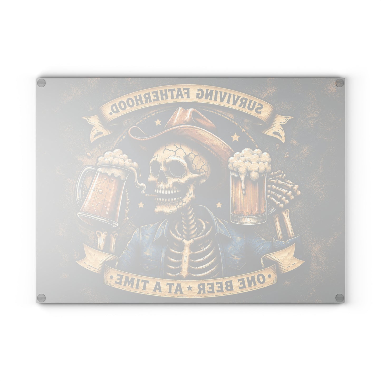 Surviving Fatherhood One Beer at a Time Glass Cutting Board – Funny Dad Skeleton Cowboy Decor