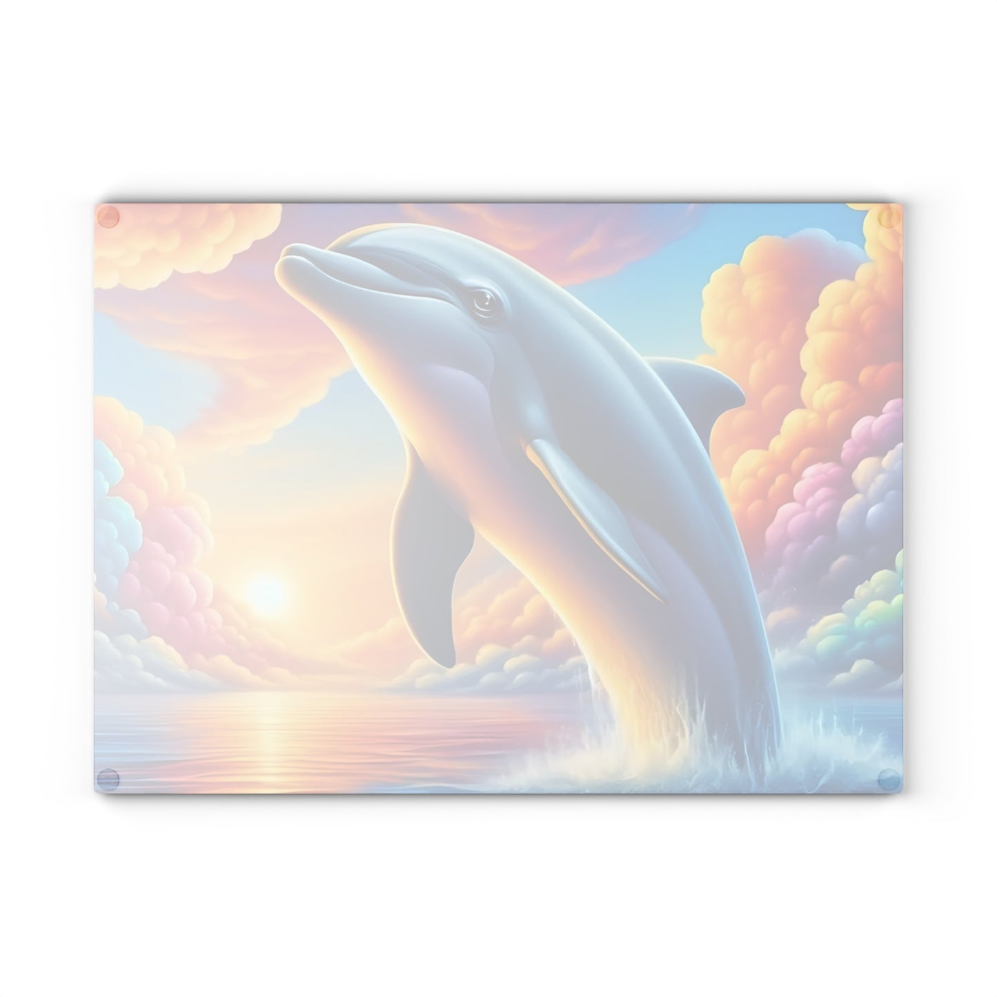 Happy Dolphin & Rainbow-Colored Clouds Glass Cutting Board – Whimsical Ocean Kitchen Art