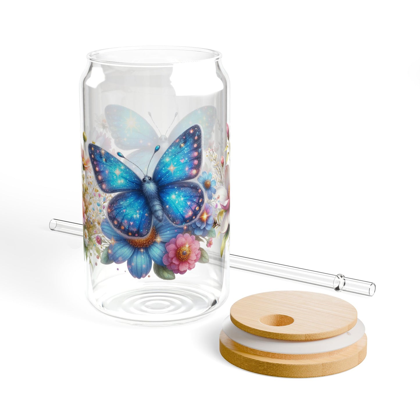 🦋🌸 Blue Butterfly Garden Sipper Glass – Whimsy and Wings in Every Sip 🌼