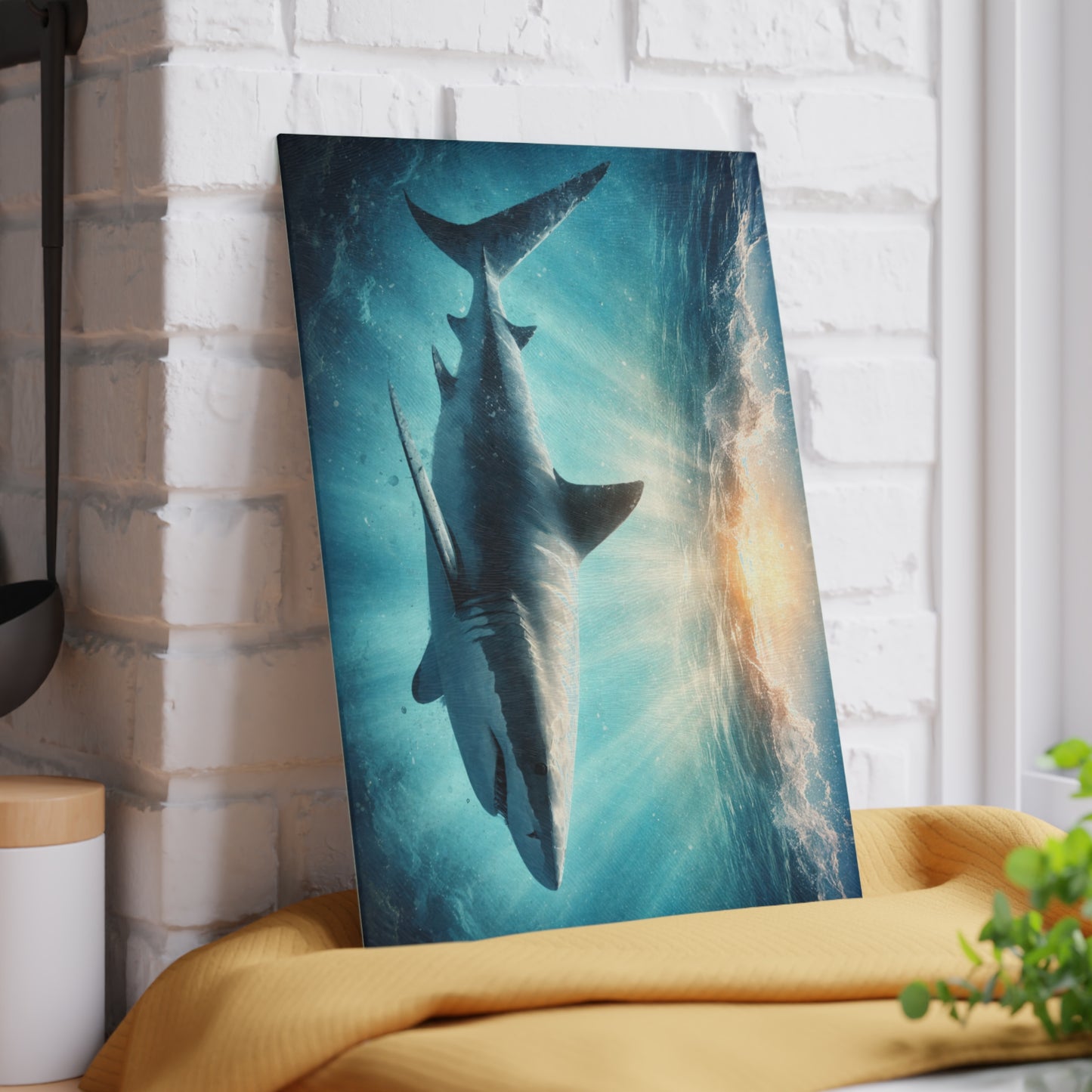 Ocean Guardian Glass Cutting Board – Majestic Shark in Sunlit Blue Waters