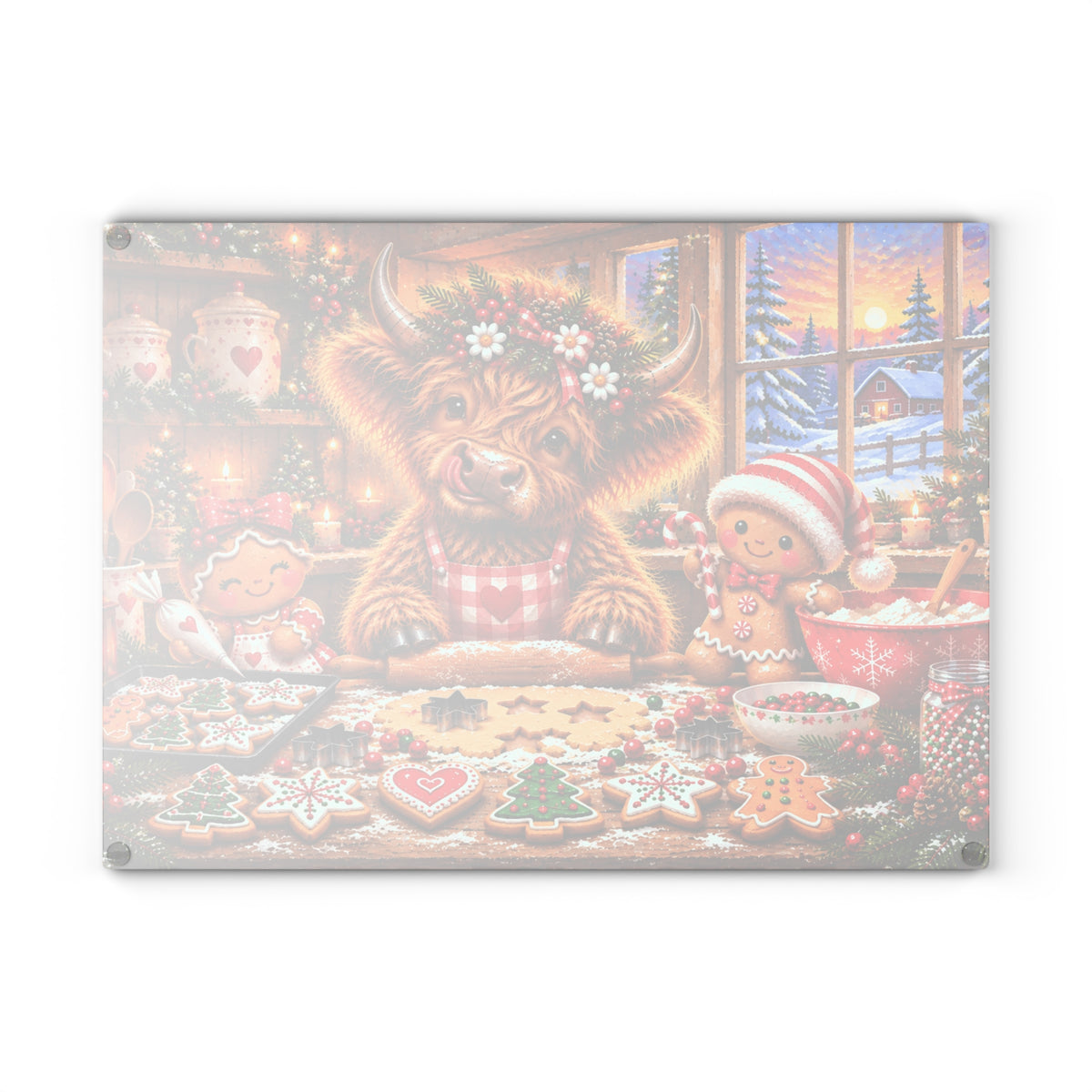 Christmas Highland Cow Baking Cookies Tempered Glass Cutting Board – Gingerbread Farmhouse Christmas – 11 × 15 Inches