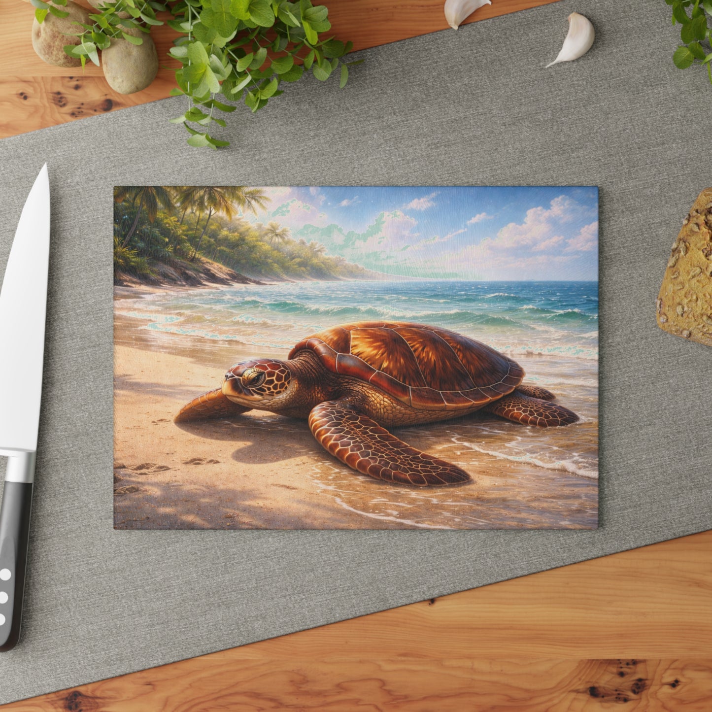 Sea Turtle Tropical Beach Glass Cutting Board – Coastal Ocean Wildlife Kitchen Art