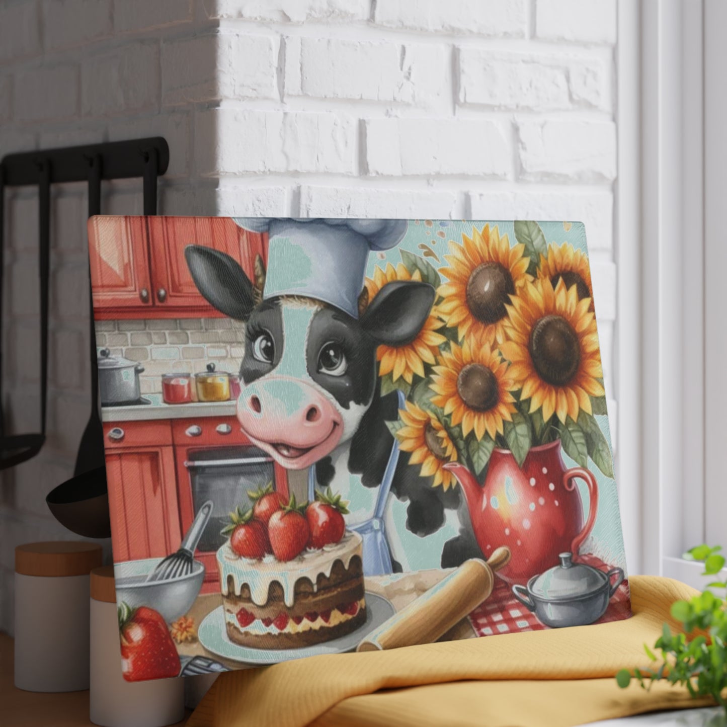 🐄 Baking Cow with Strawberries & Sunflowers Cutting Board – Whimsical Farmhouse Kitchen Fun 🍓🌻