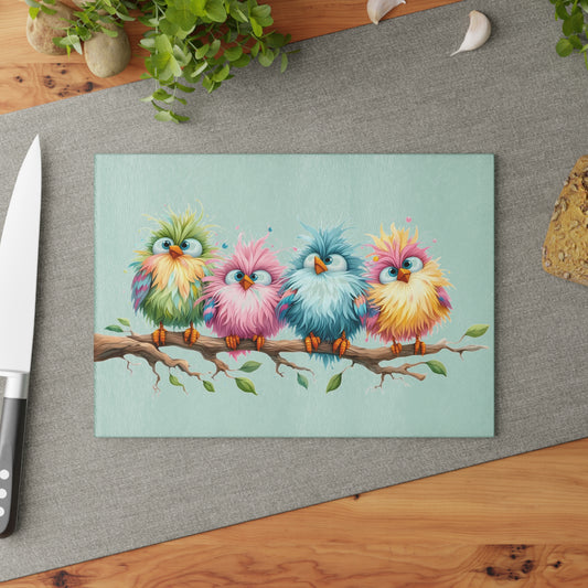 Tabla de cortar - Diseño pastel de pájaros esponjosos - Rosa rosa única en un campo de margaritas, Regalo único, Tabla de cortar de vidrio, Tabla de charcutería, Tabla de cortar personalizada, Flores