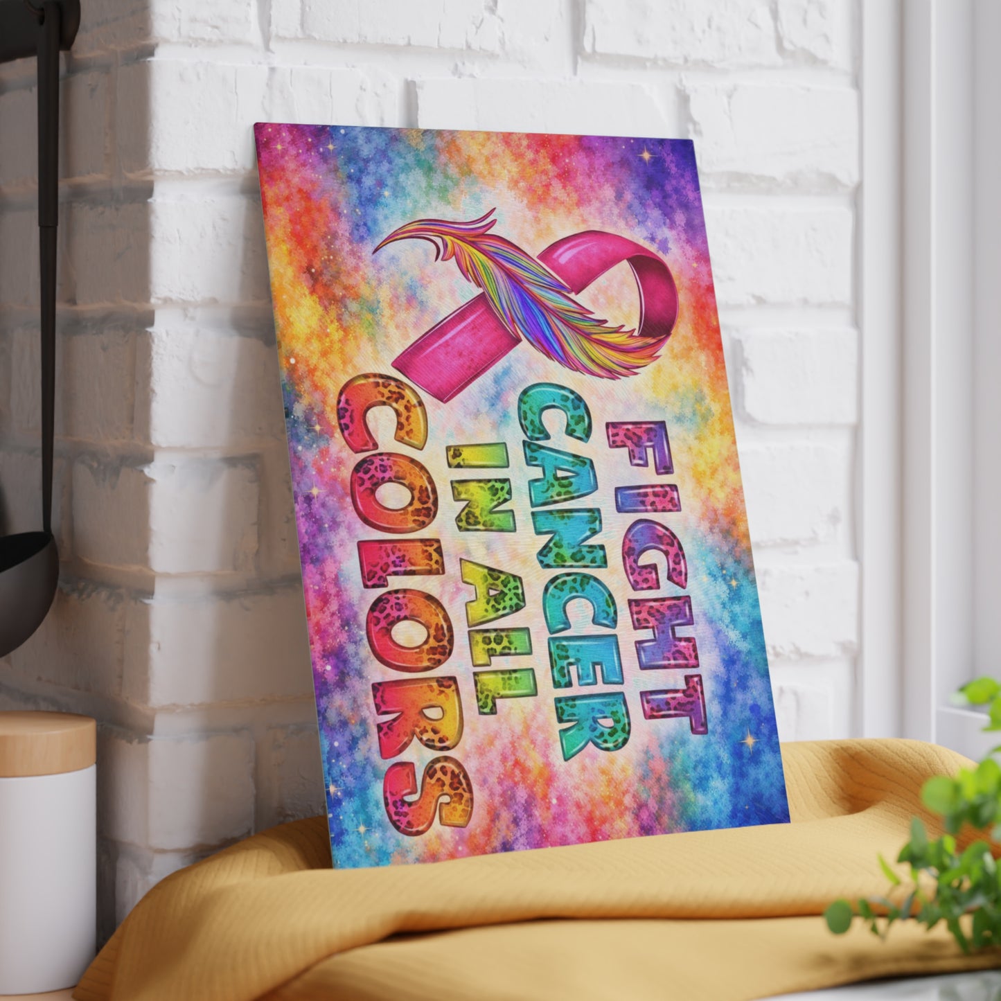 Fight Cancer in All Colors Glass Cutting Board – Rainbow Awareness Ribbon Strength Design