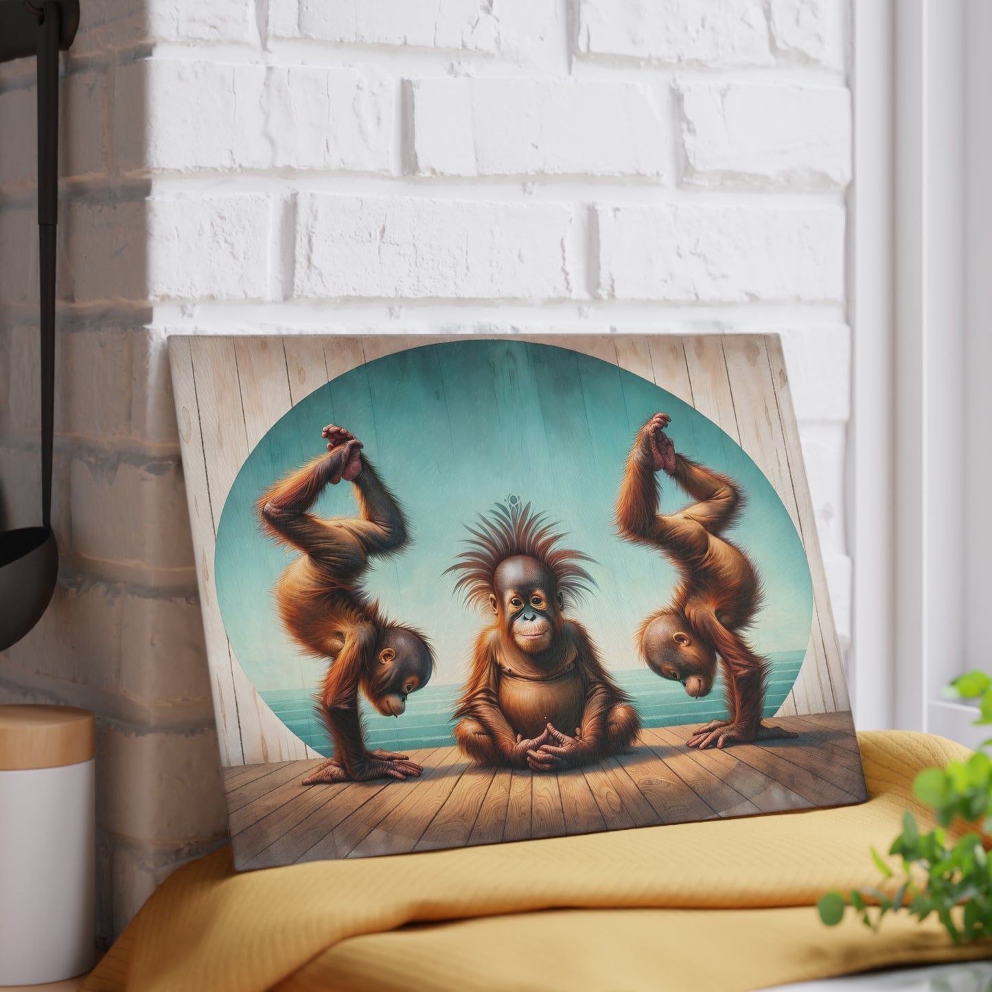 Playful Orangutan Yoga Glass Cutting Board – Whimsical Animal Art Kitchen Display