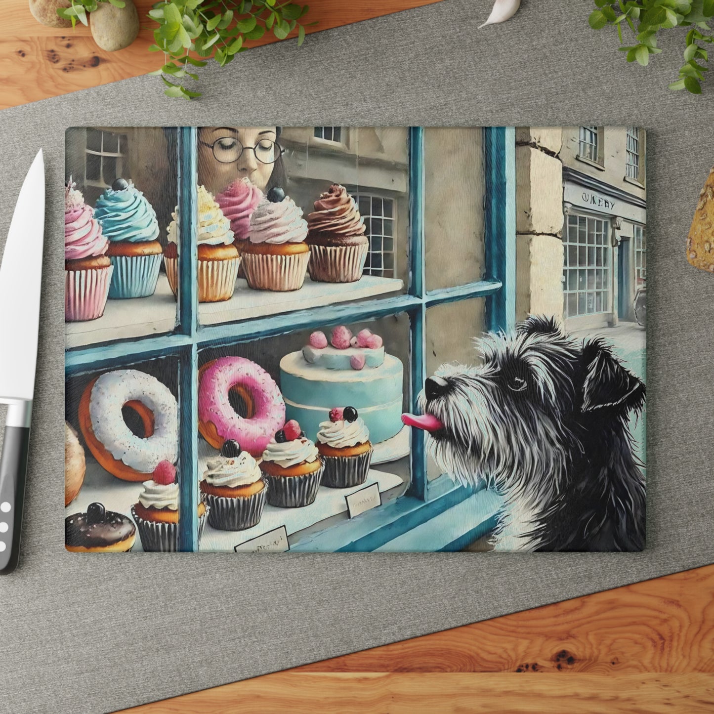 Bakery Scene Cutting Board, Terrier Dog Design, Dog Lover Gift, Baking Decor Bakery Lover Gift, Unique Kitchen Gift
