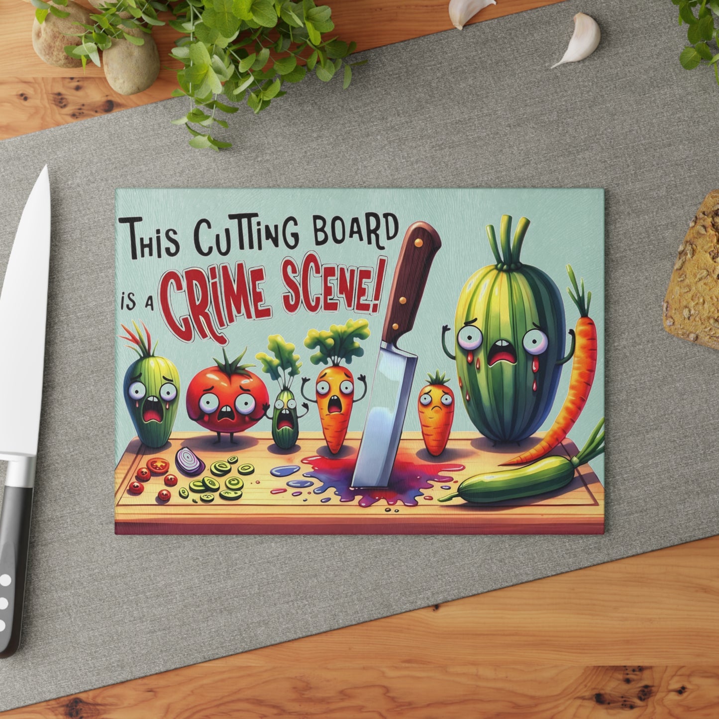 Tabla de cortar de vidrio para escena del crimen en la cocina: ¡Vegetales gritones y estilo asesino!