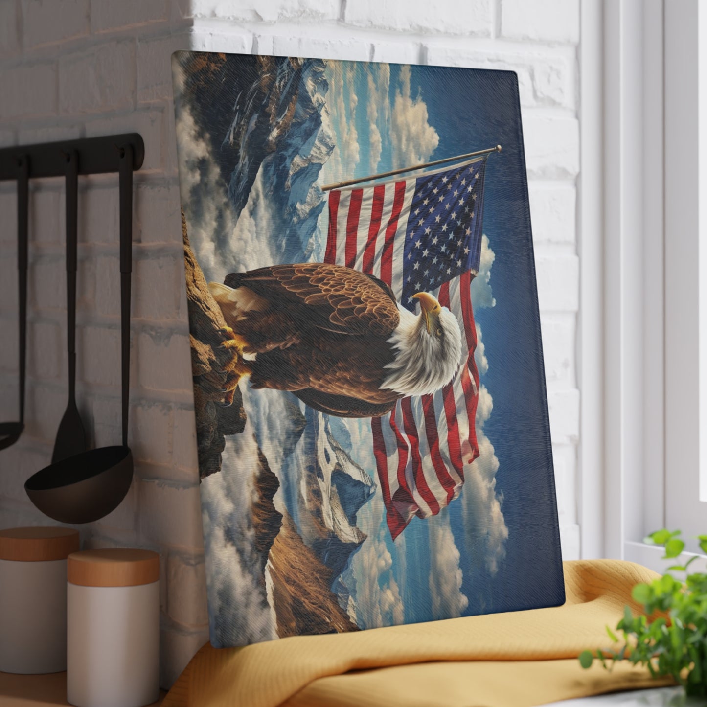 Majestic American Eagle Glass Cutting Board – Patriotic Mountain Landscape Kitchen Art & Display Board