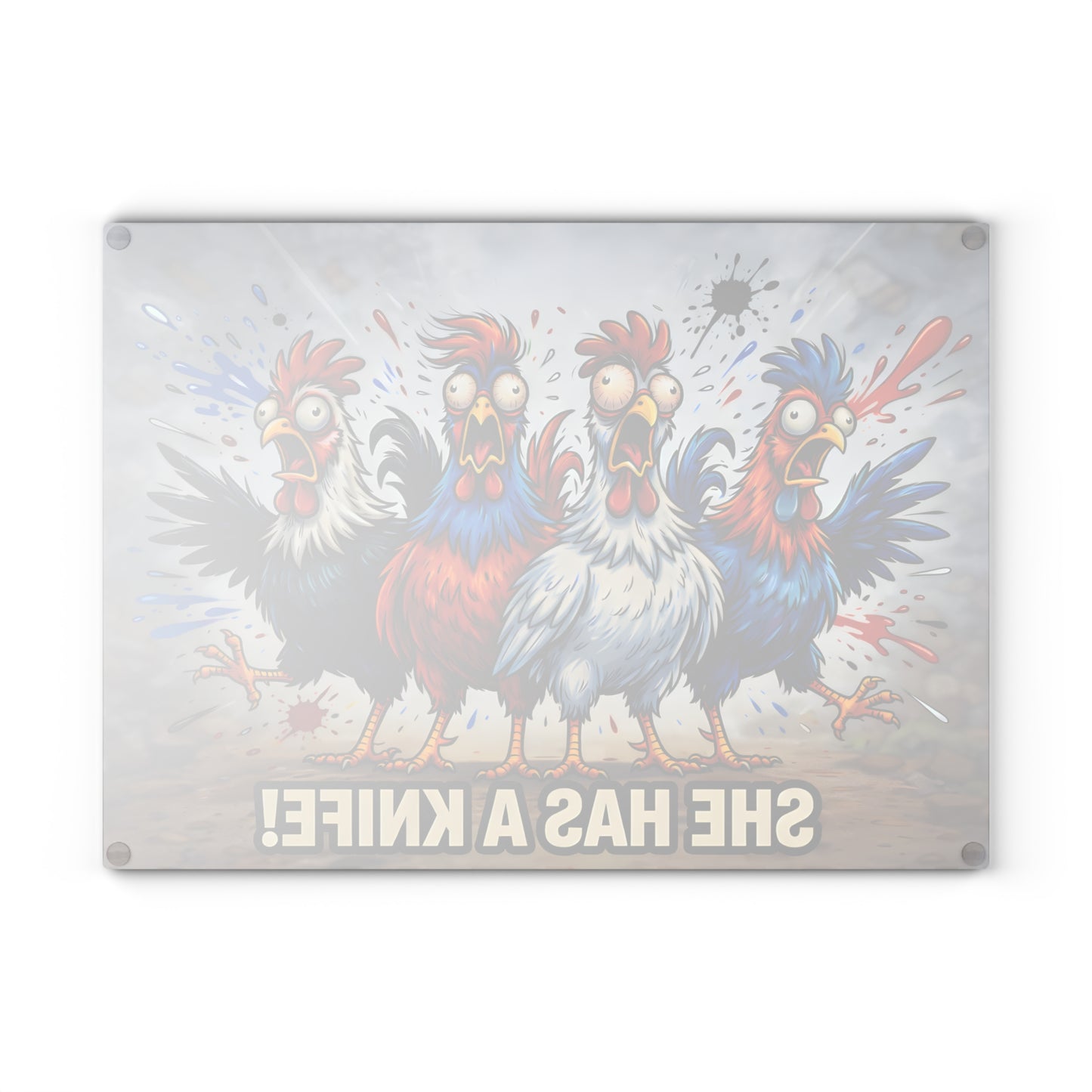 She Has a Knife! Glass Cutting Board – Bold Funny Chicken Kitchen Art