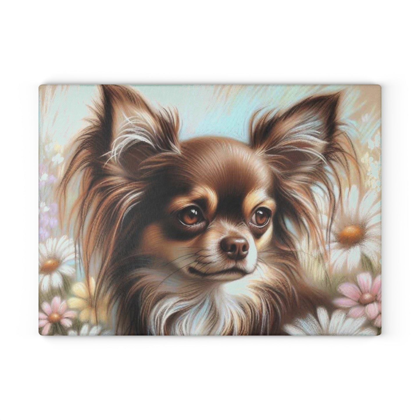🌼 Long-Haired Chihuahua Cutting Board – Delicate Florals & Big Personality Charm 🐾