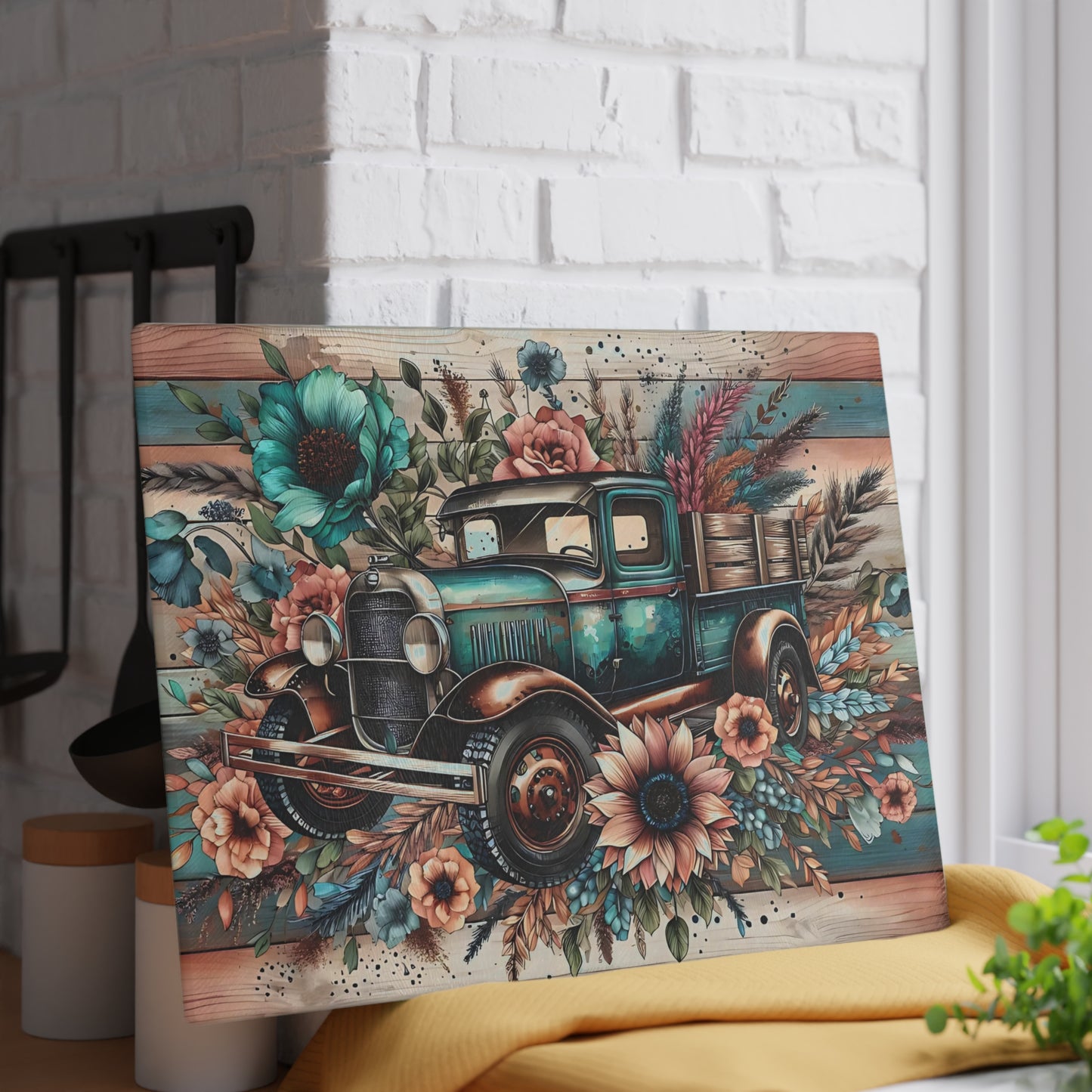 🚜🌸 Vintage Teal Farm Truck Cutting Board – Rustic Charm with Floral Elegance 🌻🌿