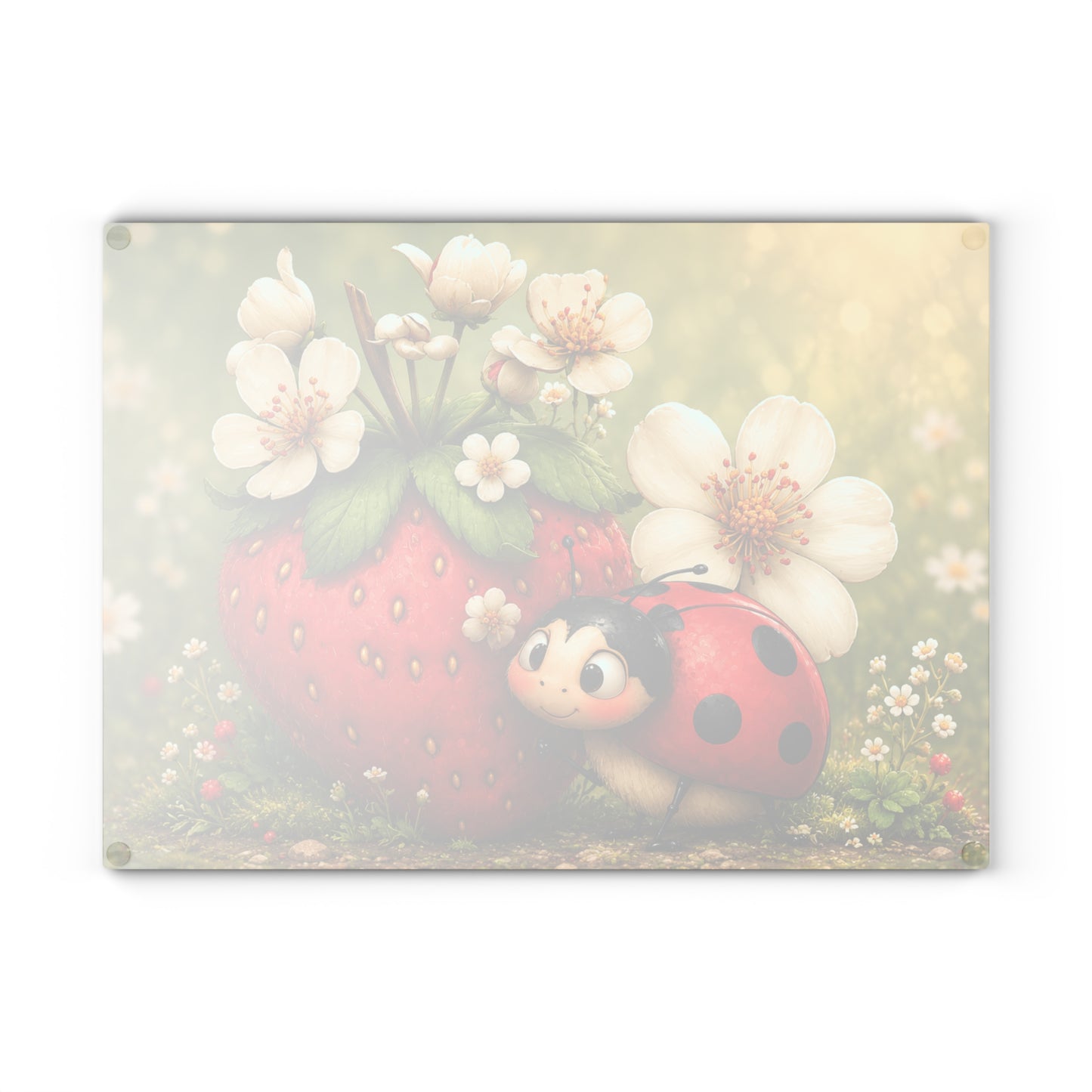 Ladybug & Strawberry Glass Cutting Board – Whimsical Garden Artwork with Sweet Spring Charm