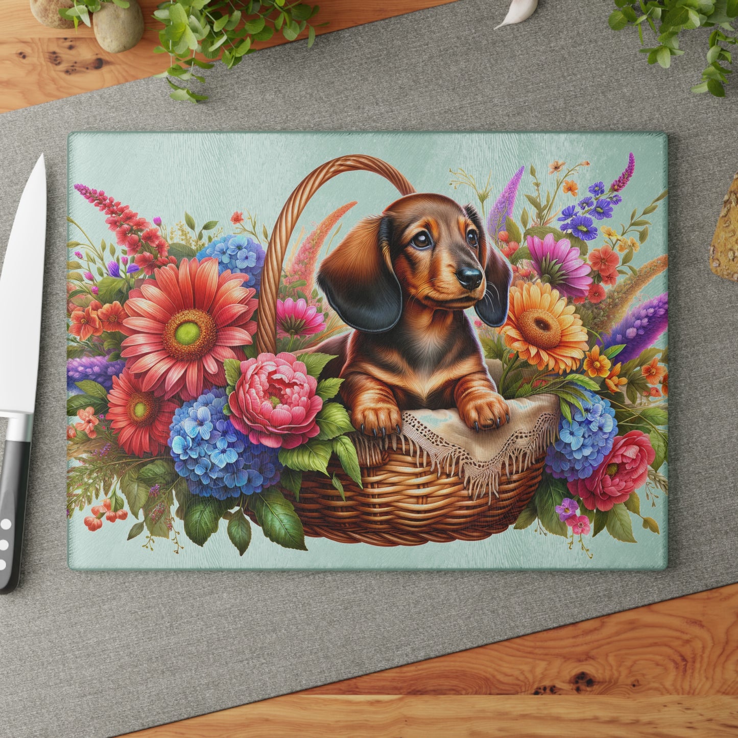 🌸 Dachshund Floral Basket Cutting Board – Whimsical Charm for Your Kitchen