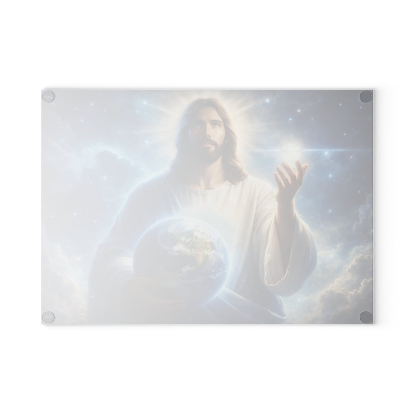 King of Creation Glass Cutting Board – Faith-Inspired Artwork Holding the World