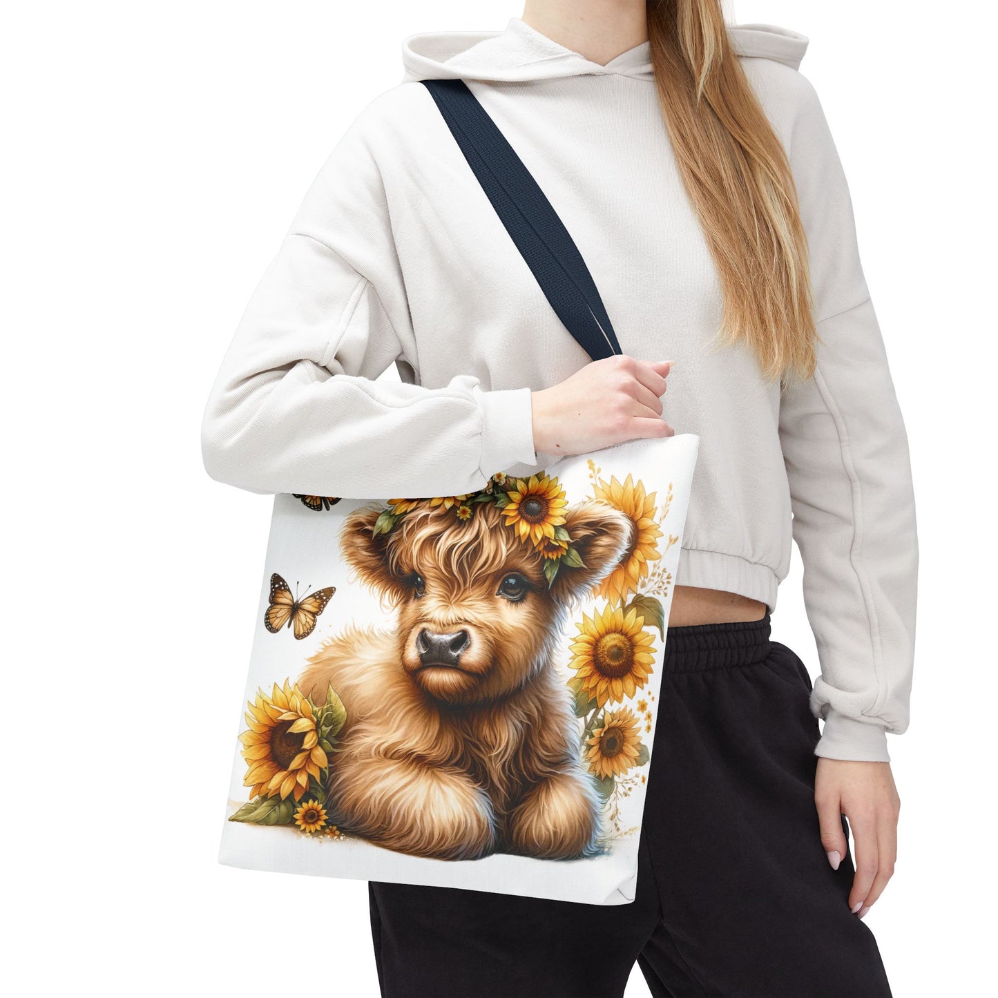 🌻 Sunflower Crown Highland Calf Tote Bag – Country Charm & Butterfly Bliss 🐮👜