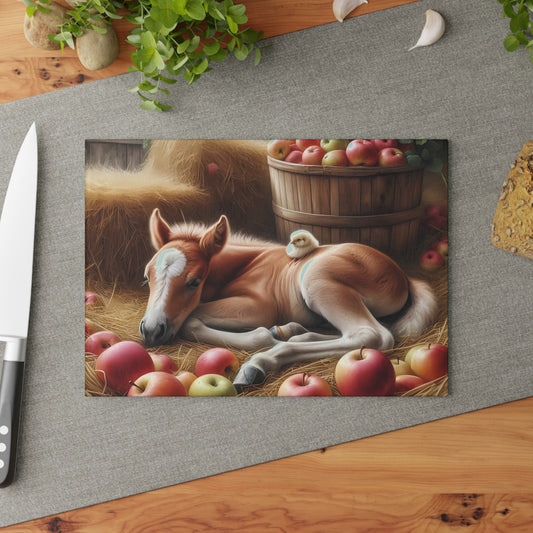 Tabla de cortar - Diseño de potro y pollito con manzanas, regalo único, tabla de cortar de vidrio, tabla de charcutería, tabla de cortar personalizada
