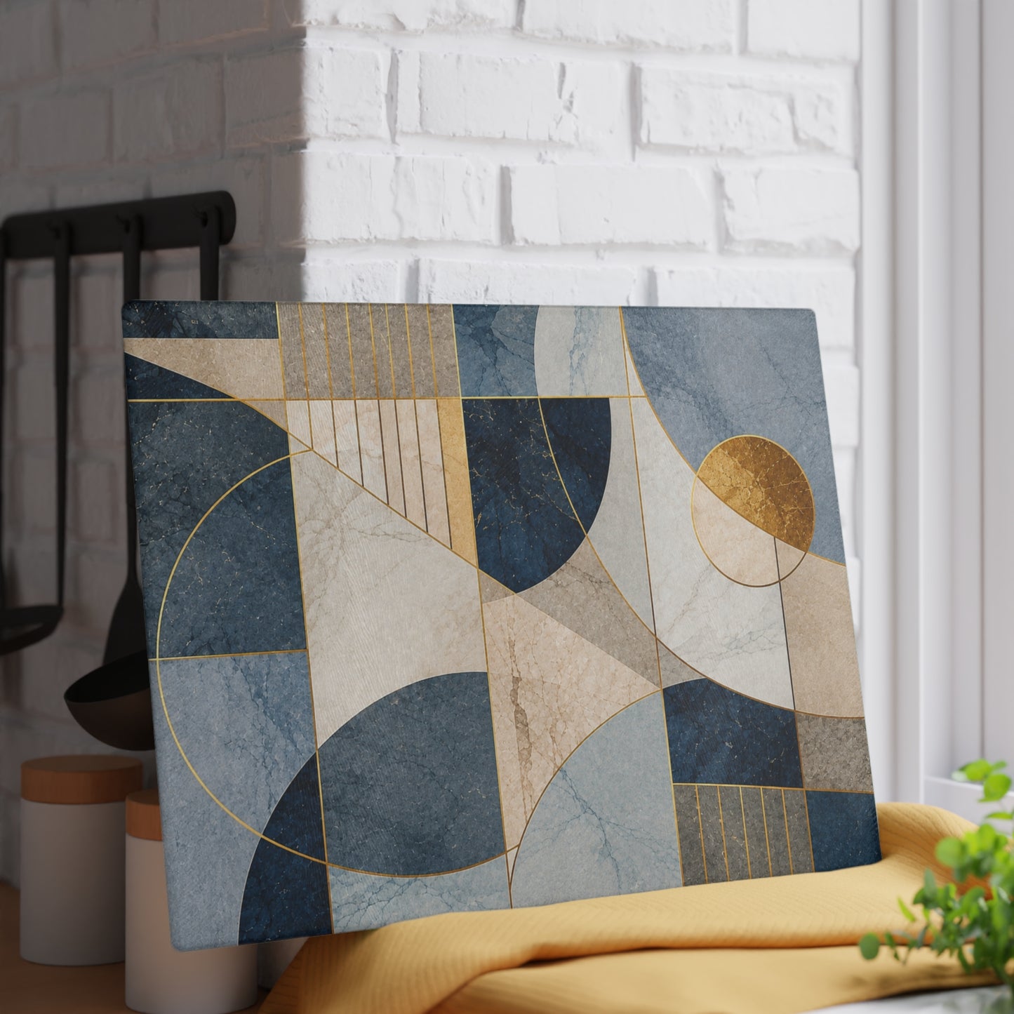 Modern Abstract Geometric Glass Cutting Board – Blue Beige & Gold Contemporary Kitchen Decor