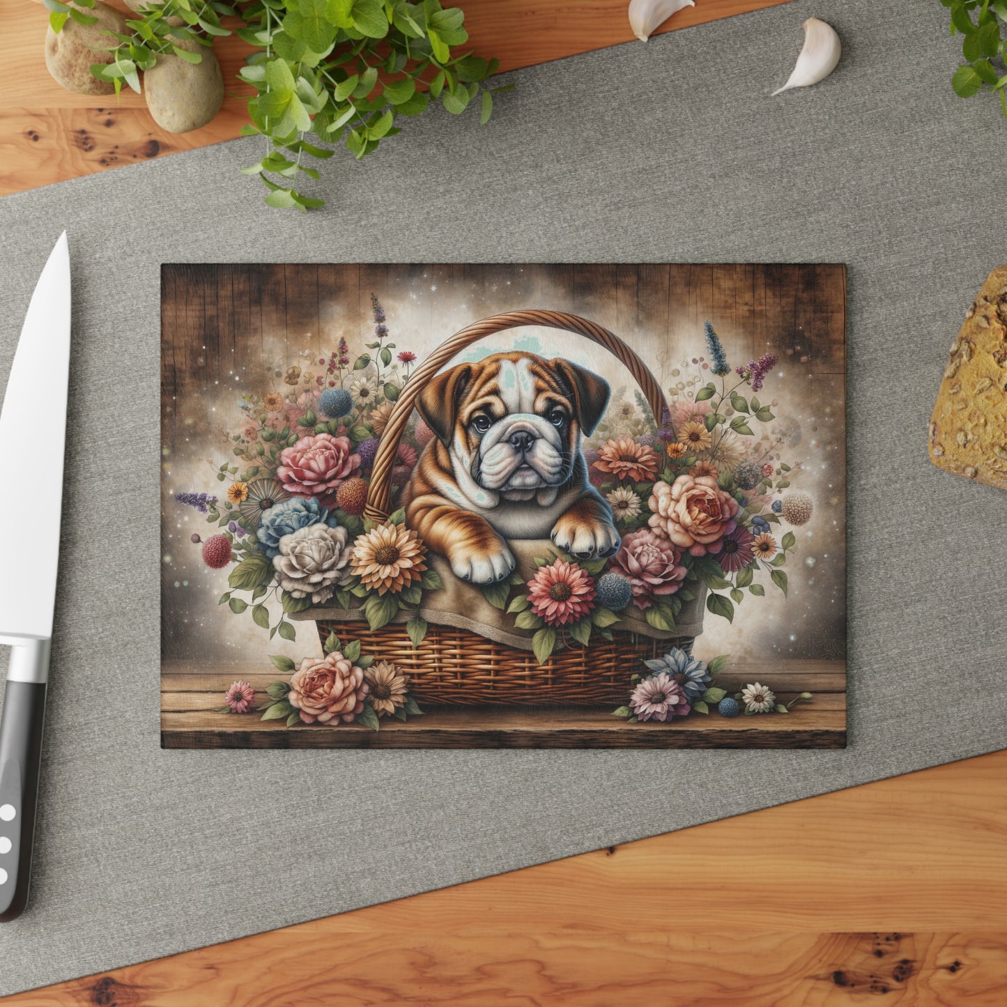 🐶🌸 Bulldog in Basket Cutting Board – Rustic Charm for Your Kitchen 🌼