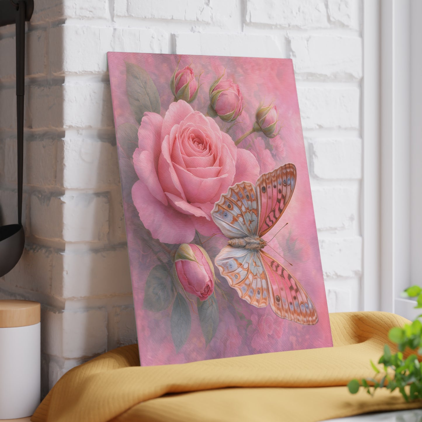 Pink Rose & Butterfly Glass Cutting Board – Romantic Floral Butterfly Kitchen Art