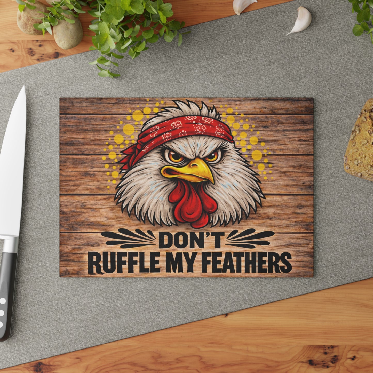 Don’t Ruffle My Feathers Glass Cutting Board – Bold Chicken Attitude Farmhouse Art