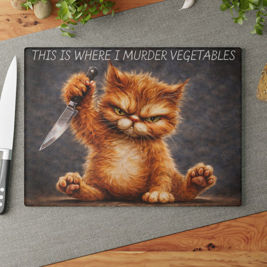 This Is Where I Murder Vegetables Glass Cutting Board – Funny Grumpy Cat Kitchen Art