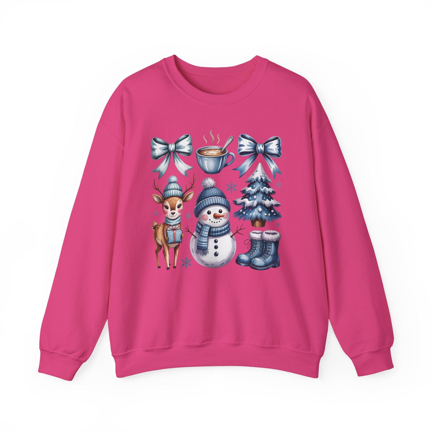 ❄️💙 Cozy Winter Vibes Crewneck – Reindeer, Snowman, Cocoa & Bows