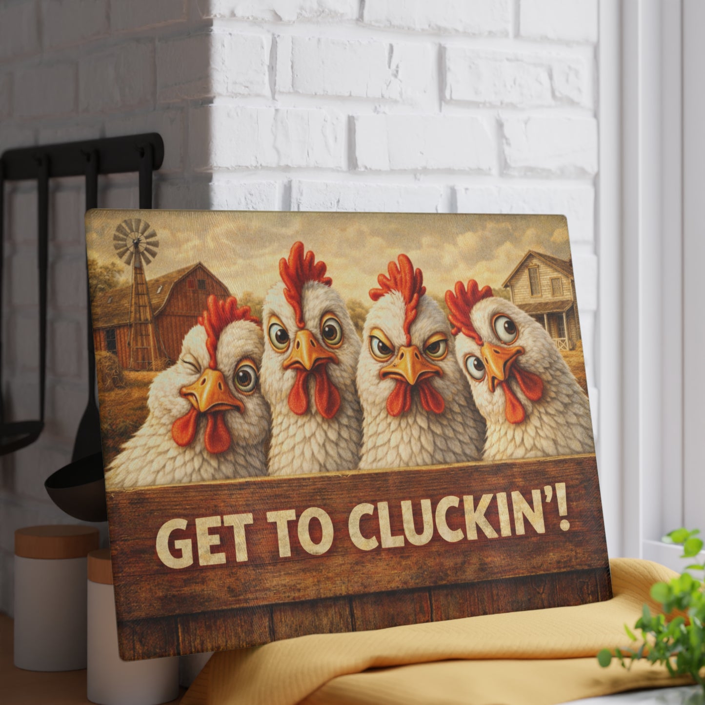 Get to Cluckin’! Funny Chicken Glass Cutting Board – Bold Farmhouse Kitchen Humor
