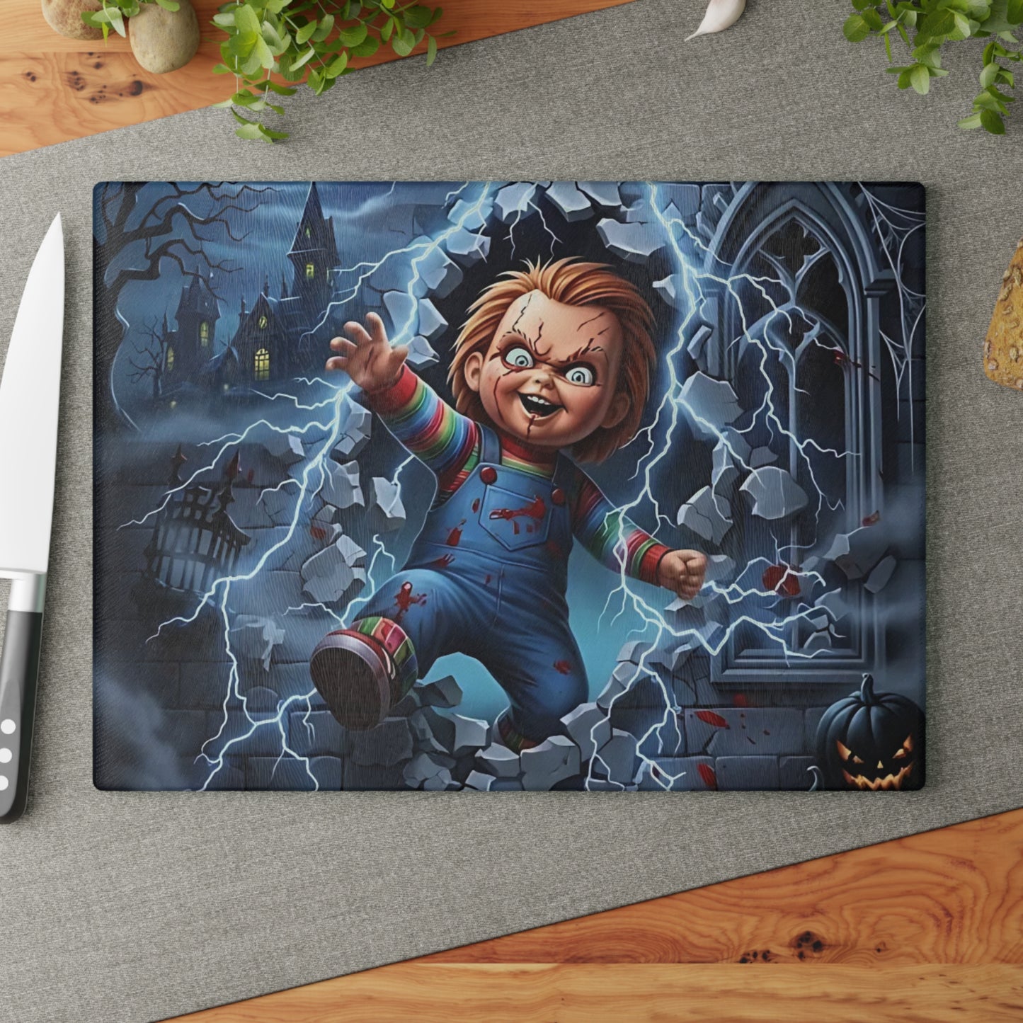 ⚡ Creepy Doll Breakthrough Cutting Board – Electric Halloween Mayhem with Haunted Gothic Vibes 💀🎃
