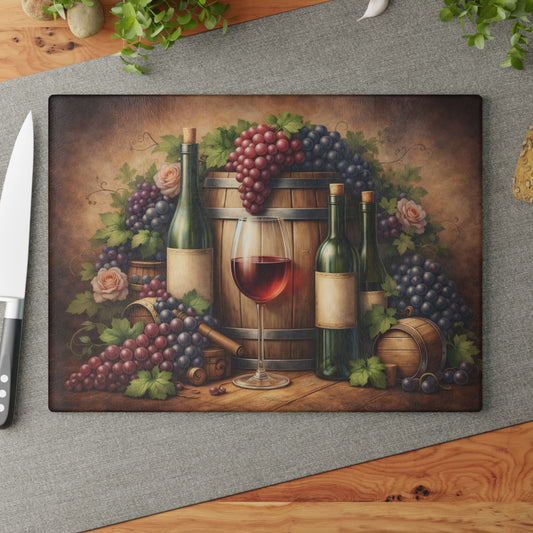 Vintage Vineyard Still Life Glass Cutting Board – Rustic Wine Cellar Artwork for Kitchen Display