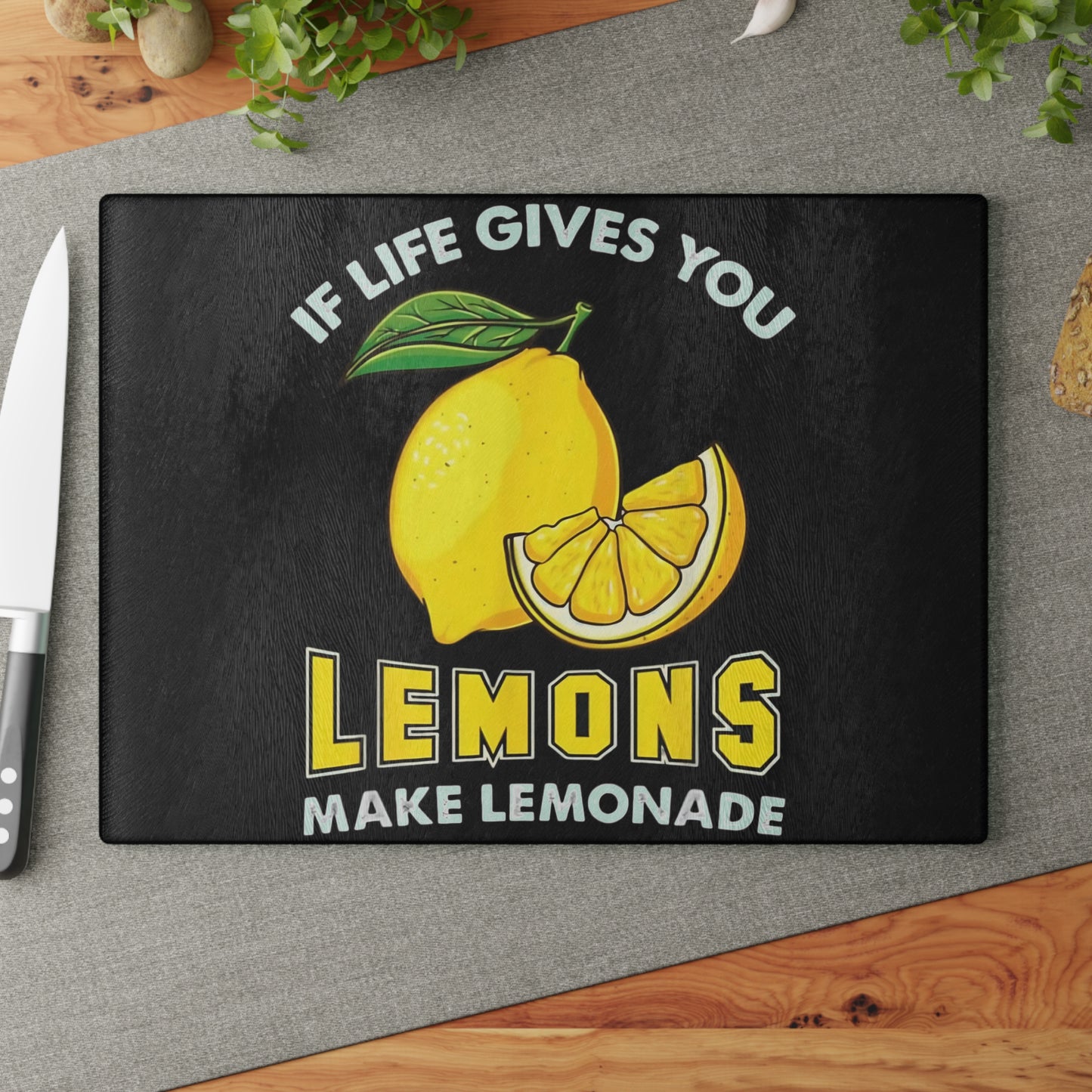 Tabla de cortar de vidrio “Si la vida te da limones…” – Decoración de cocina con cítricos brillantes