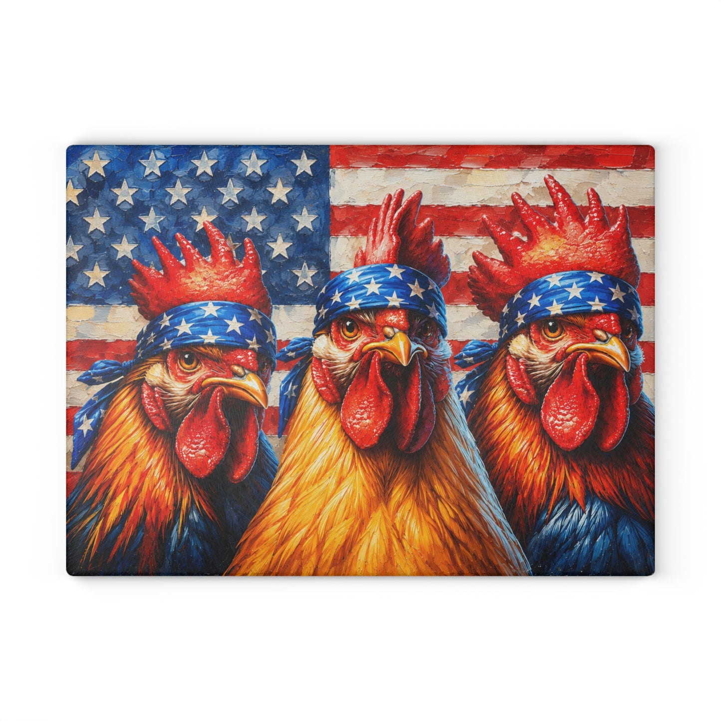 Patriotic Rooster Bandana Glass Cutting Board – Bold Farmhouse Americana Kitchen Décor