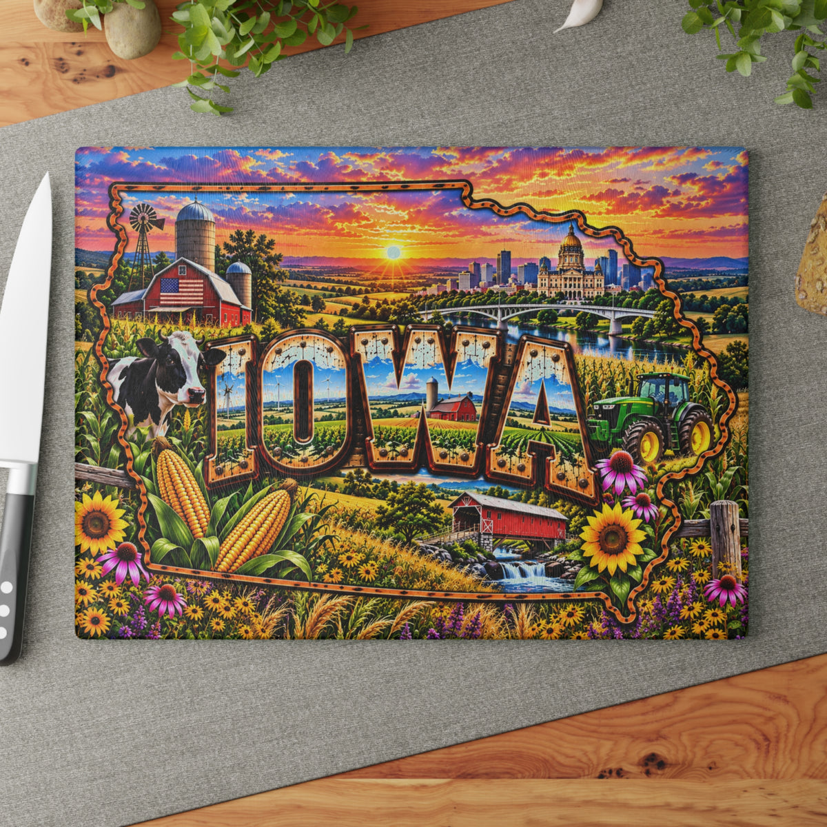 Iowa Glass Cutting Board – Iowa State Map, Farmhouse, Cornfields, Dairy Cow, Tractor & Country Sunset Kitchen Décor
