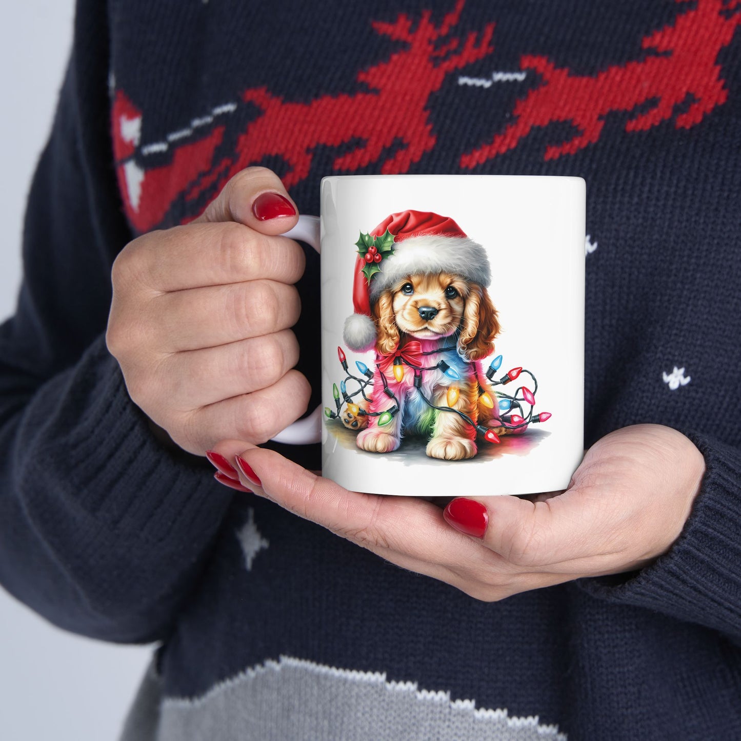 🎁 Cocker Spaniel Christmas Lights Mug – Sweet Holiday Cheer with a Bow 🎄🐶