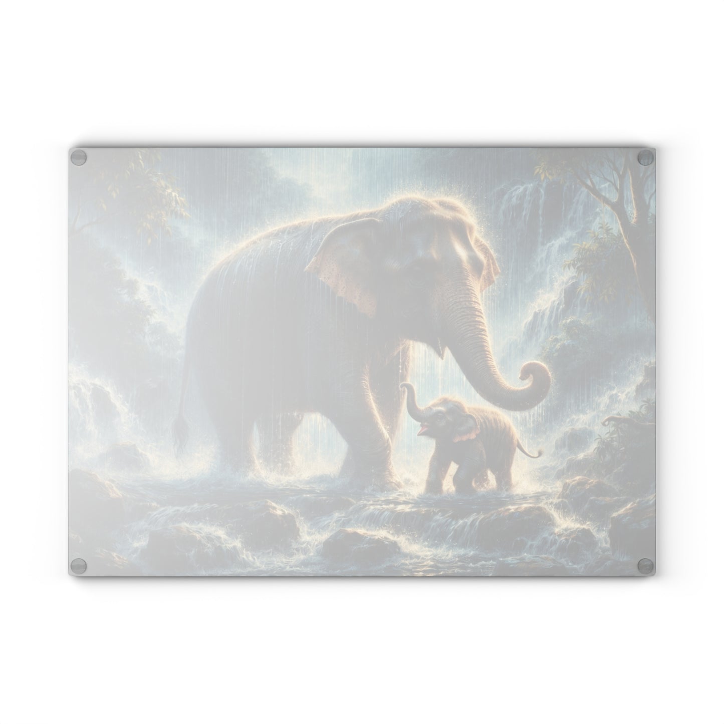 Elephant and Calf Rainforest Waterfall Glass Cutting Board – Dramatic Wildlife Kitchen Art