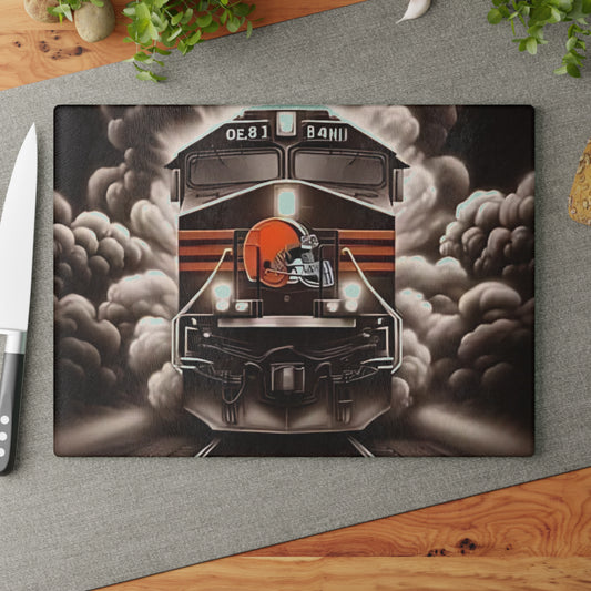 Brown & Orange Express Glass Cutting Board – Classic Train Design for Warm Rustic Kitchens