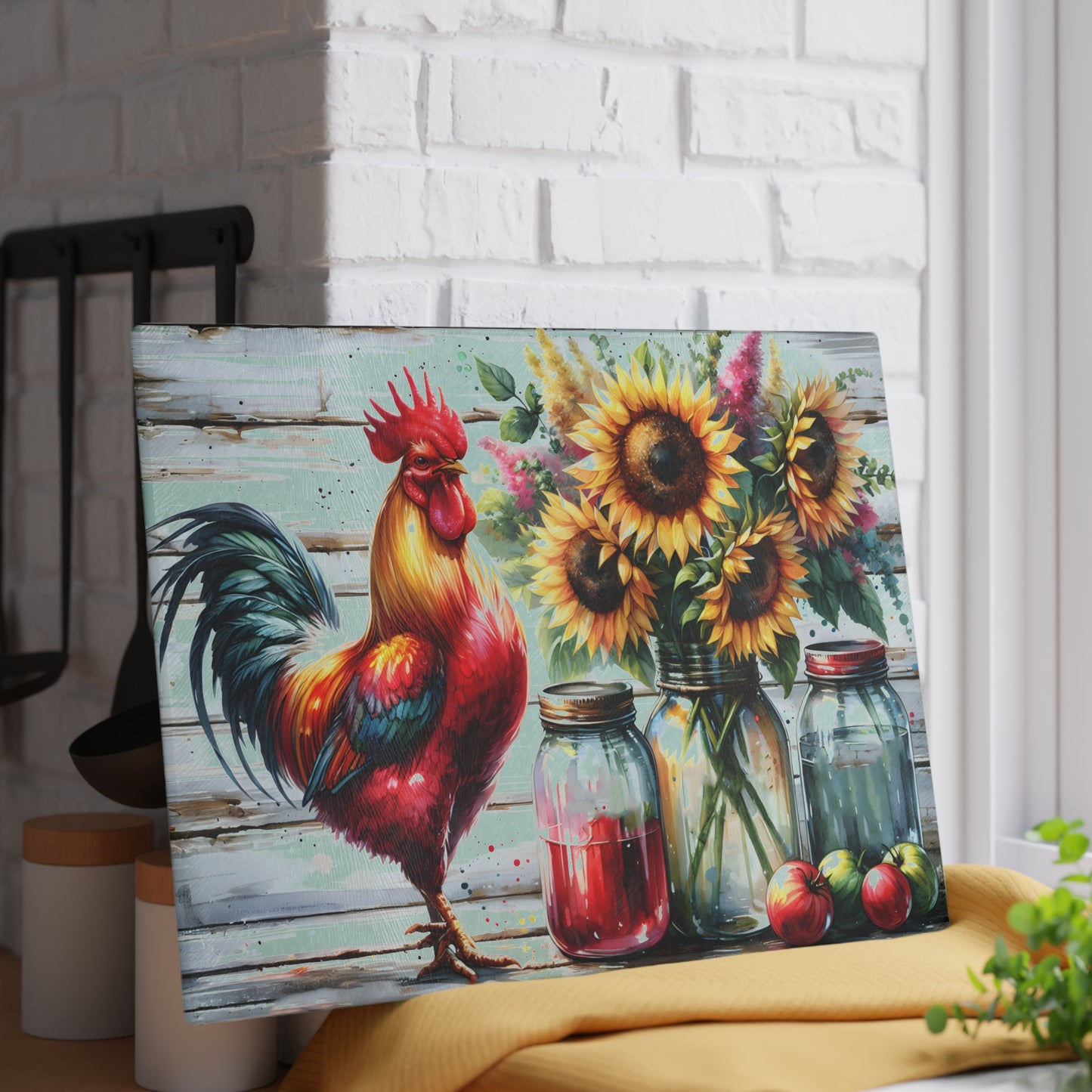 🐓 Bold Rooster & Mason Jar Cutting Board – Rustic Sunflower Farmhouse Decor