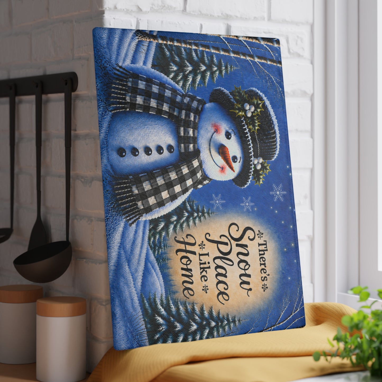 There’s Snow Place Like Home Snowman Glass Cutting Board – Black & White Plaid Winter Kitchen Decor