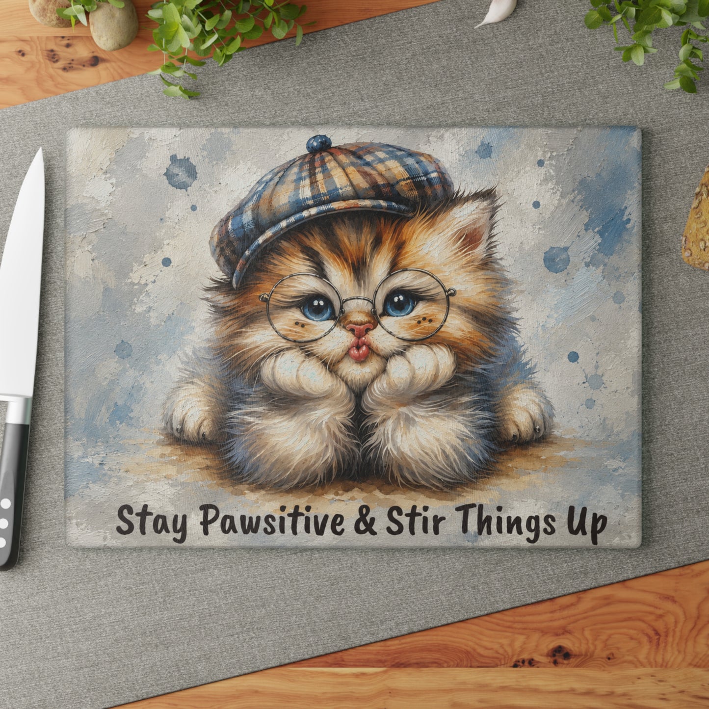 Stay Pawsitive Cat Cutting Board – Whiskered Wisdom & Cozy Kitchen Charm