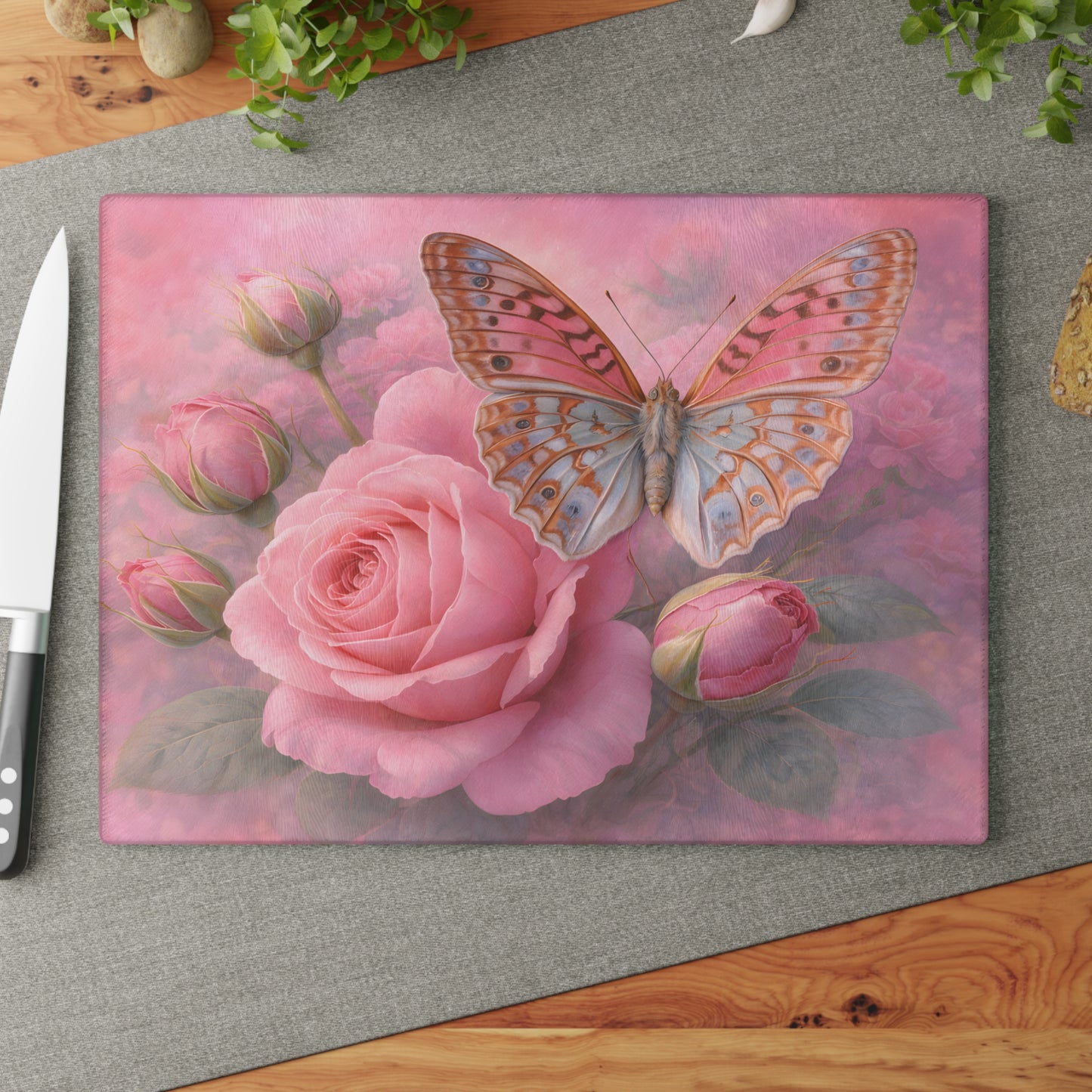 Pink Rose & Butterfly Glass Cutting Board – Romantic Floral Butterfly Kitchen Art