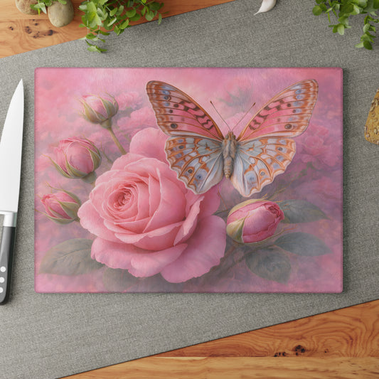 Pink Rose & Butterfly Glass Cutting Board – Romantic Floral Butterfly Kitchen Art