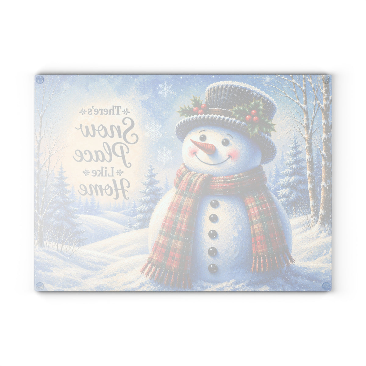 There’s Snow Place Like Home Snowman Glass Cutting Board – Red & Green Plaid Winter Kitchen Decor