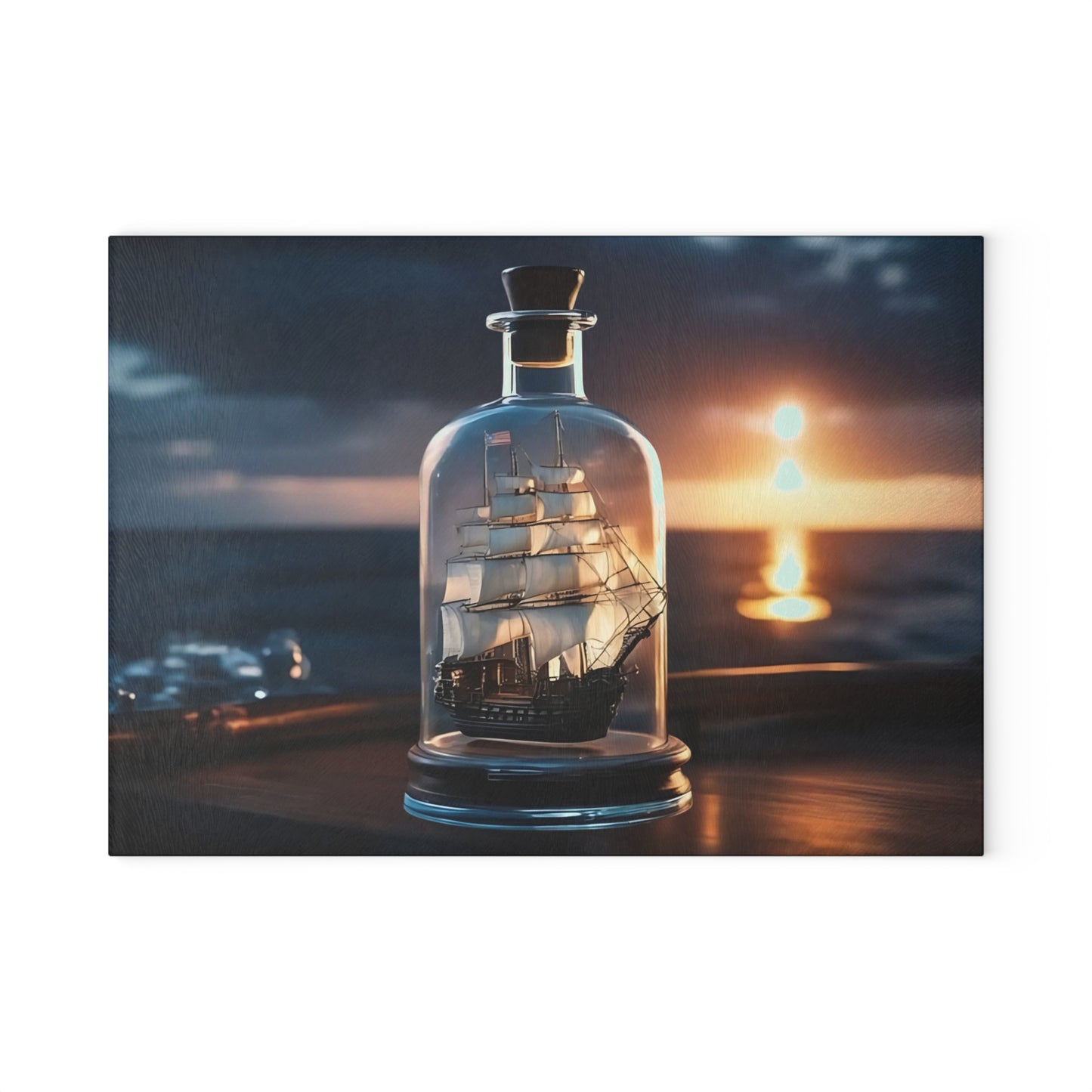 Tabla de cortar de vidrio templado con un barco antiguo en una botella: diseño de atardecer náutico